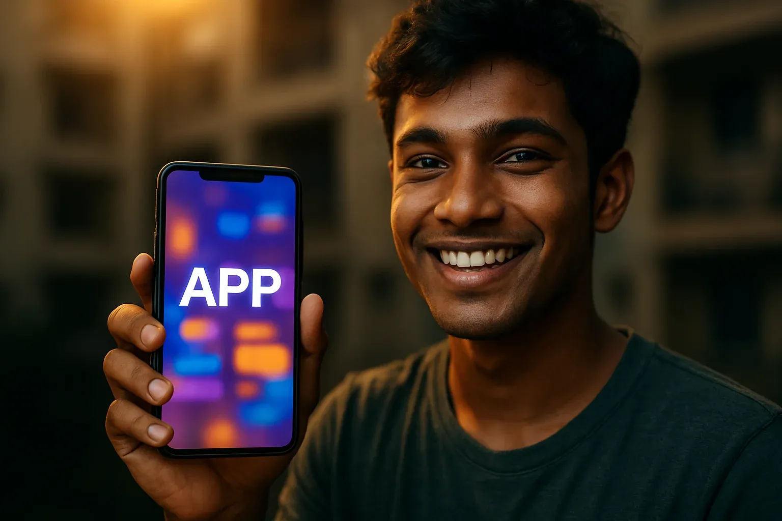 Smiling young Bangladeshi man holding smartphone with colorful gaming app screen