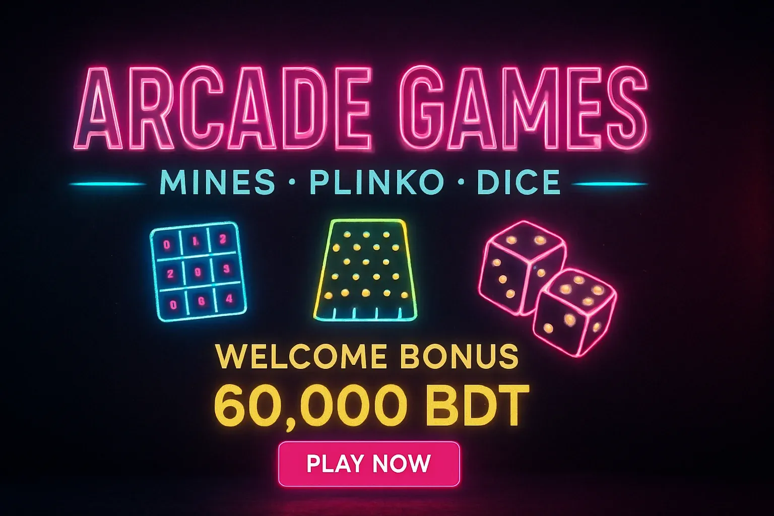 Neon arcade games banner with mines, plinko, dice and play button