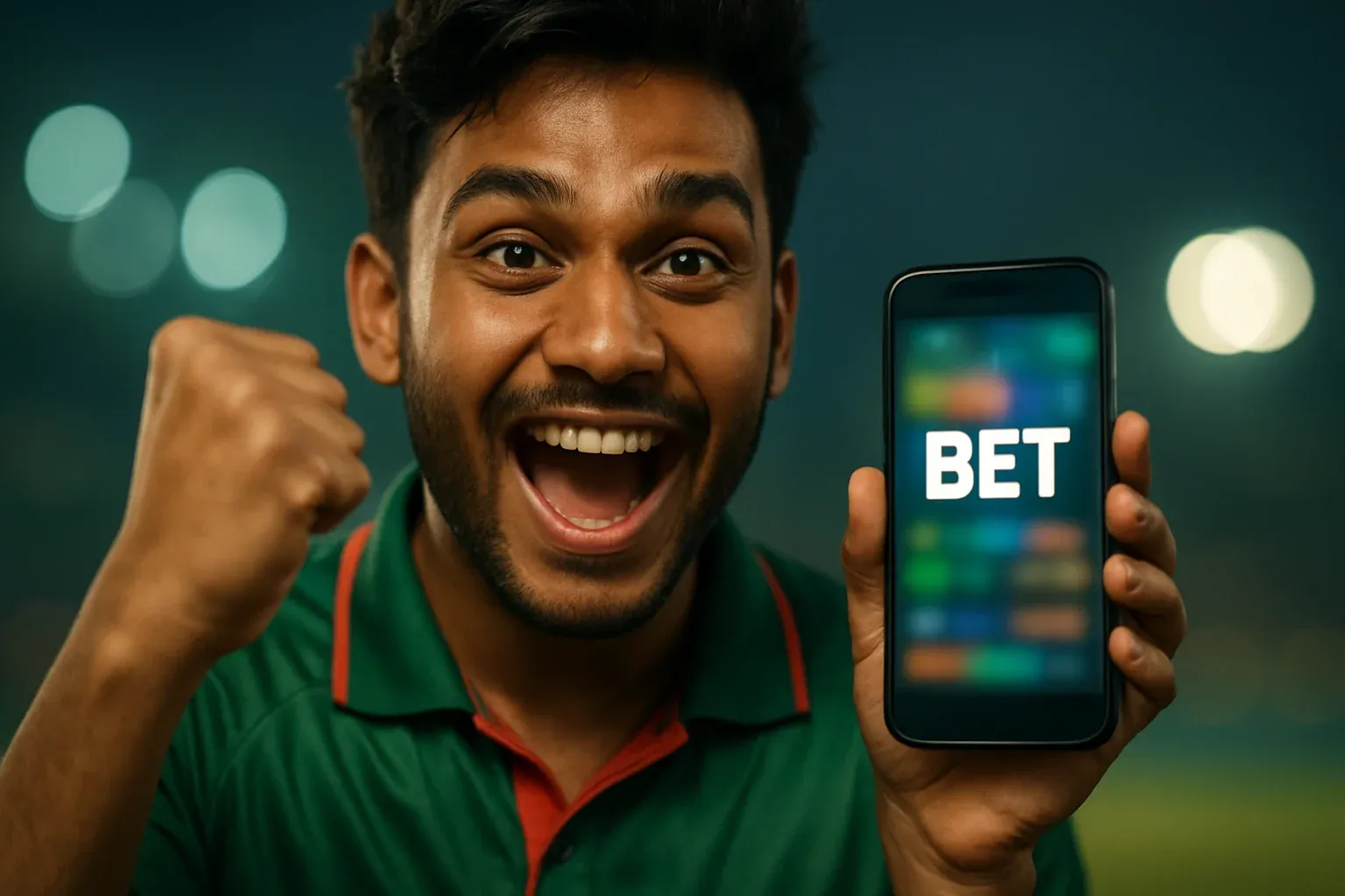 Excited Bangladeshi man holding smartphone with sports betting screen saying BET