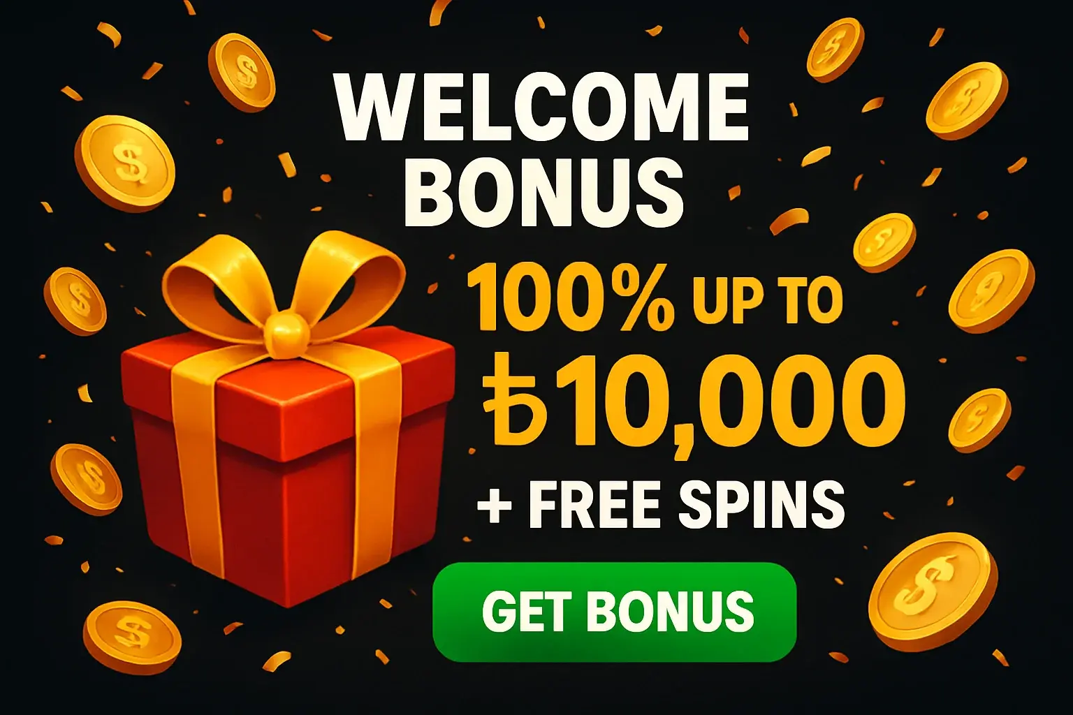 Casino welcome bonus banner with gift box, golden coins, and confetti