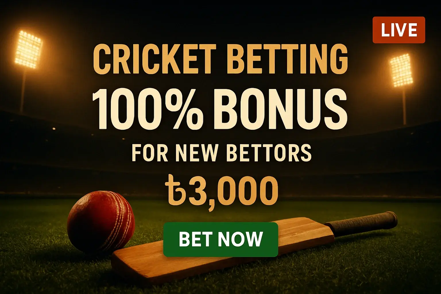 Cricket betting banner with bat, ball, stadium, bonus, and CTA