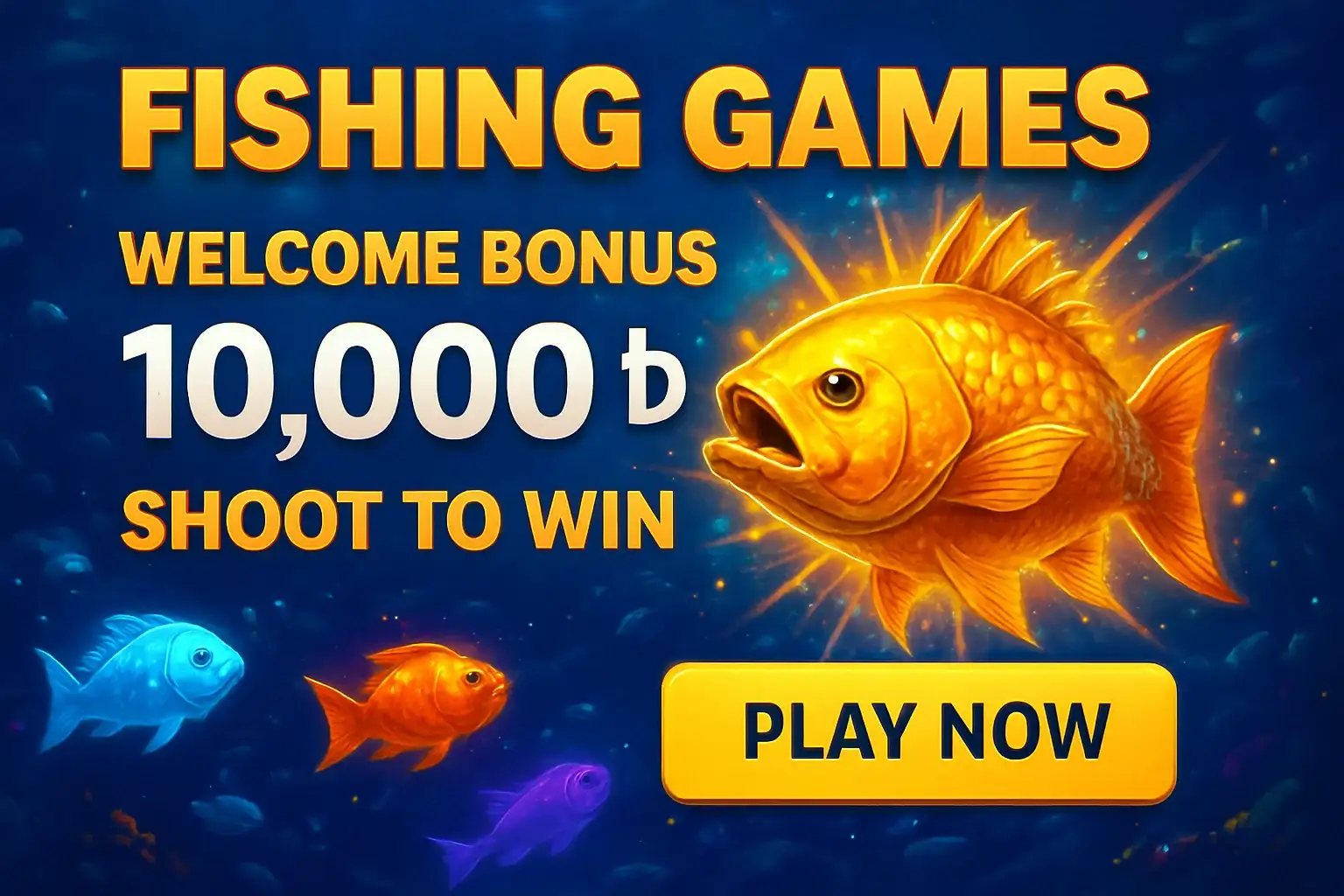 Fishing arcade banner with golden boss fish and welcome bonus
