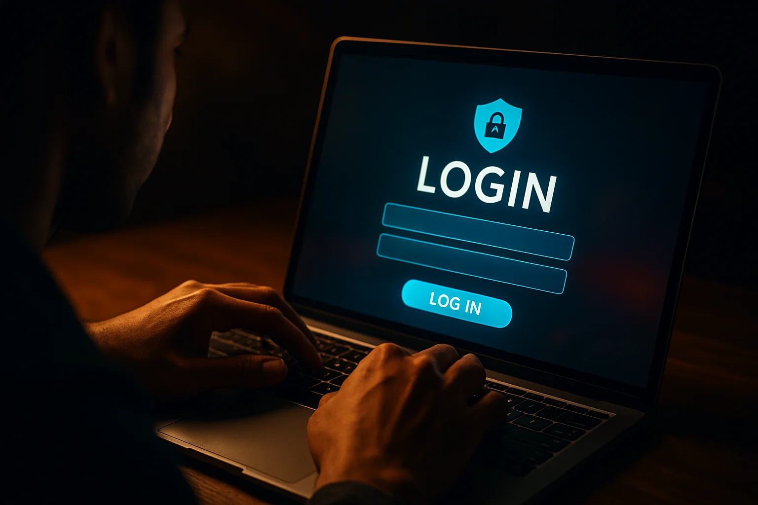 Young Bangladeshi man using laptop with visible login screen and glowing button
