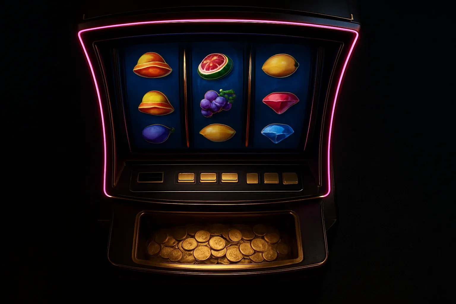 Hyperrealistic premium slot machine with three vertical reels in luxury casino